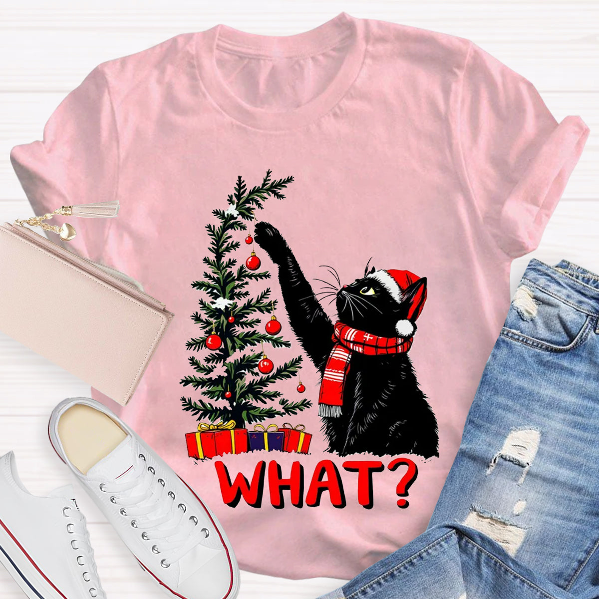 Black Cat Pushing Christmas Tree T-Shirt