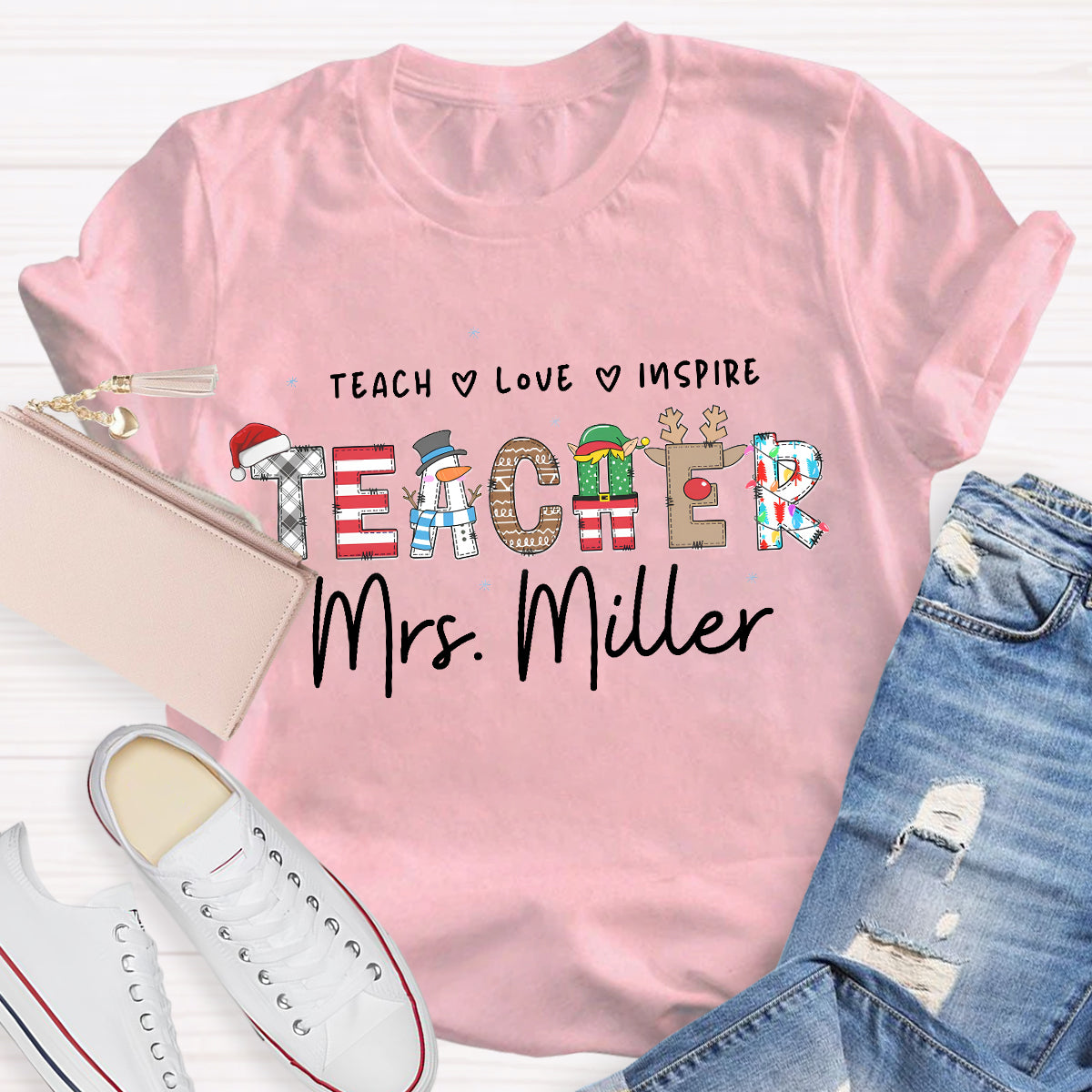 Personalized Teacher Name Teach Love Inspire T-Shirt