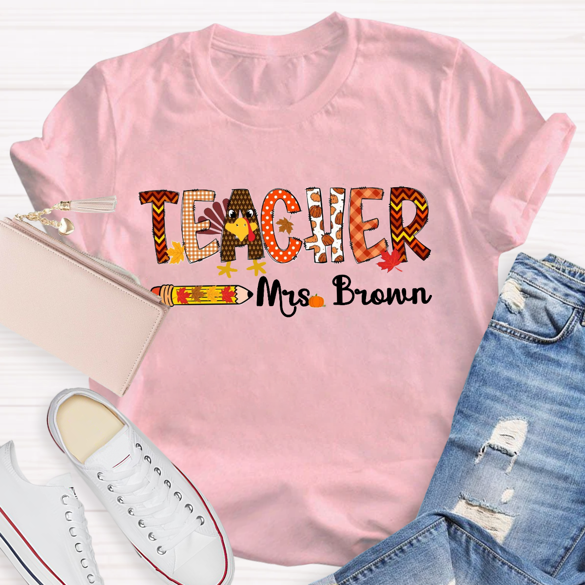 Personalized Name Thanksgiving Teacher T-Shirt