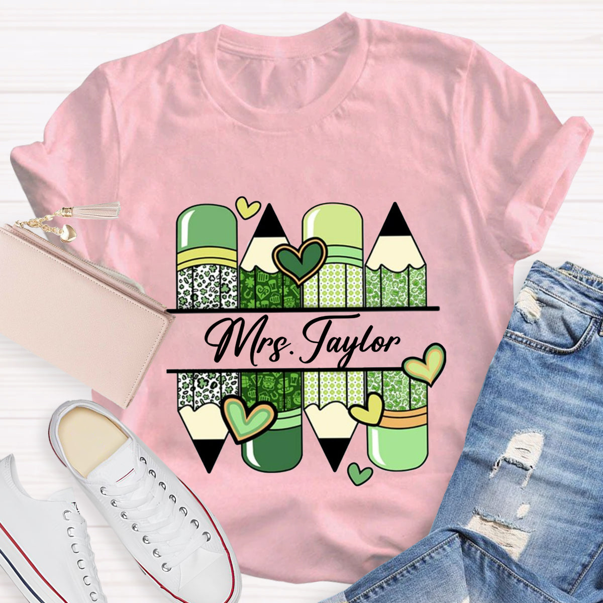 Personalized Name Green Heart Pencil Teacher T-Shirt