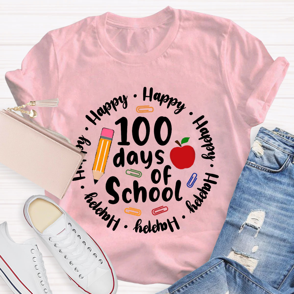 Happy 100 Days Of School Apple Pencil Teacher T-Shirt