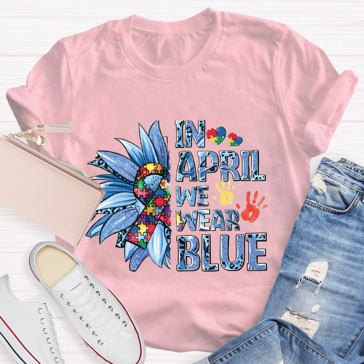 In April We Wear Blue Autism Awareness Puzzle Piece T-Shirt