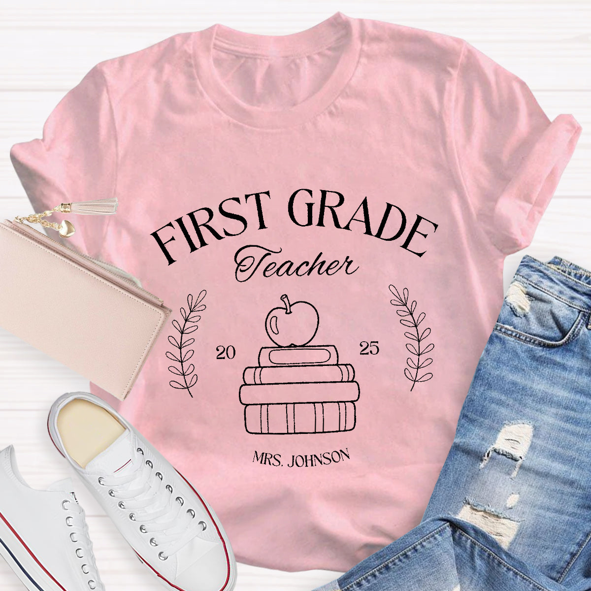 Personalized Grade And Name Books Apple Teacher T-Shirt