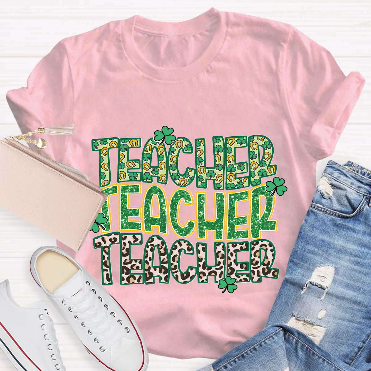 Green Clover Leopard Print Design Teacher T-Shirt