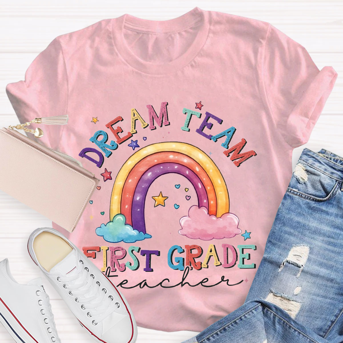 Personalized Grade Dream Team Teacher Rainbow T-Shirt