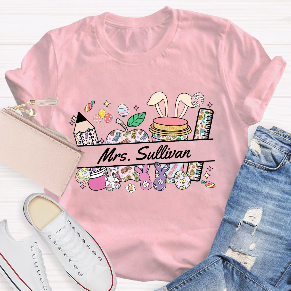 Personalized Name Easter Bunny Teacher T-Shirt