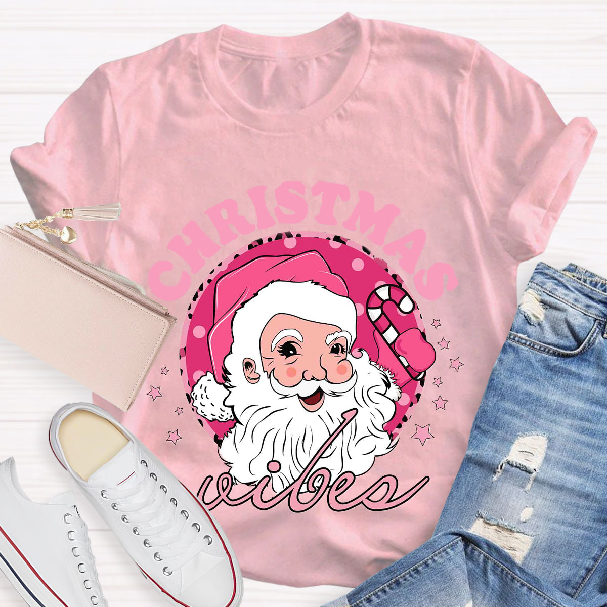 Christmas Vibes Pink Santa Claus T-Shirt