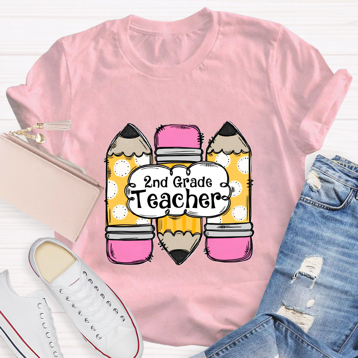 Personalized Grade Pink Pencil Printed 2nd Grade Teacher T-Shirt