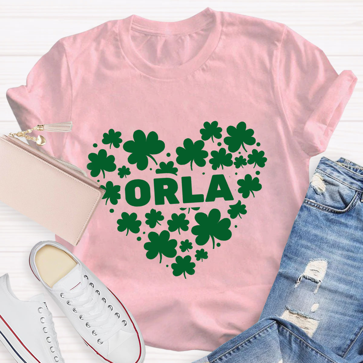 Personalized Name Shamrock Heart Teacher T-Shirt