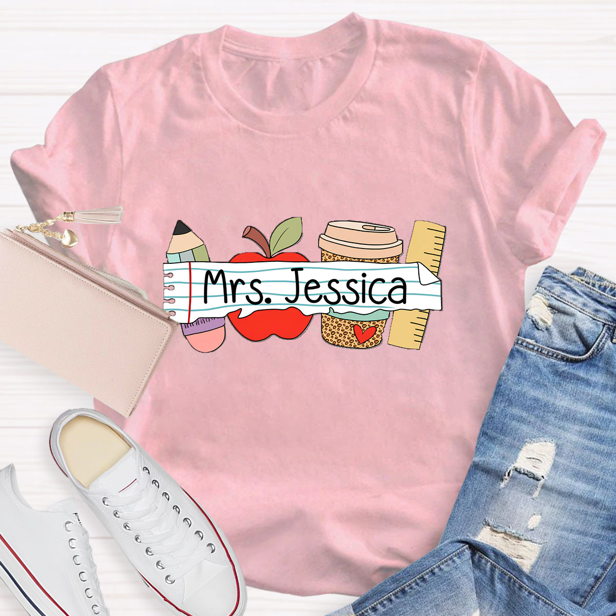Personalized Teacher's Name Apple Pencil Coffee T-Shirt