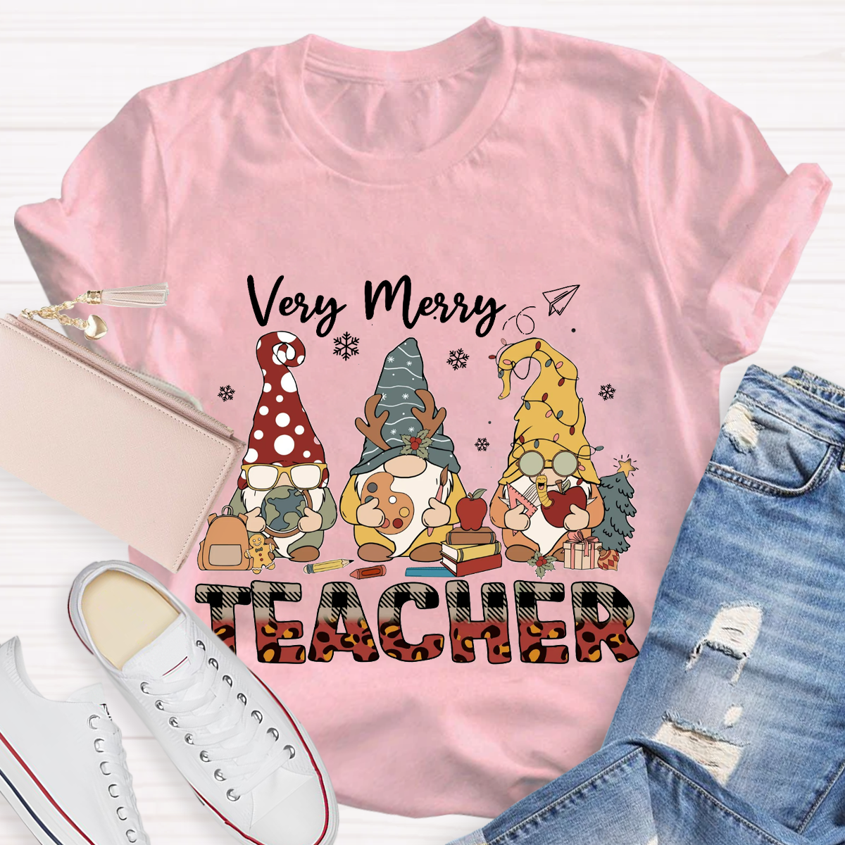 Very Merry Teacher Christmas Gnomes T-Shirt