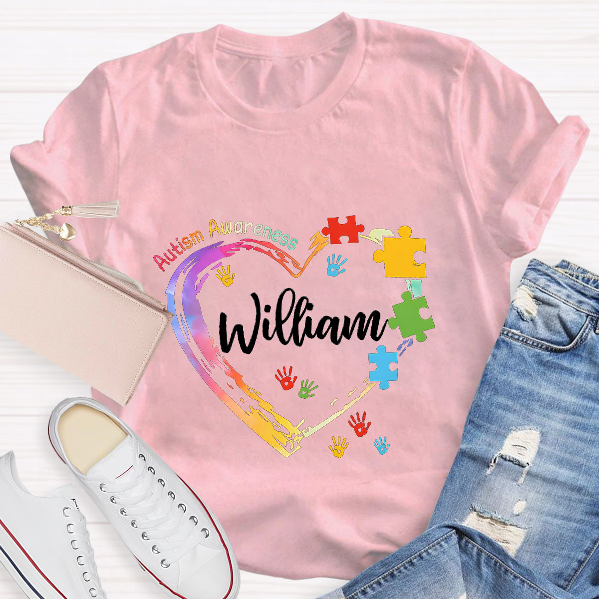 Personalized Name Autism Colorful Heart Teacher T-Shirt