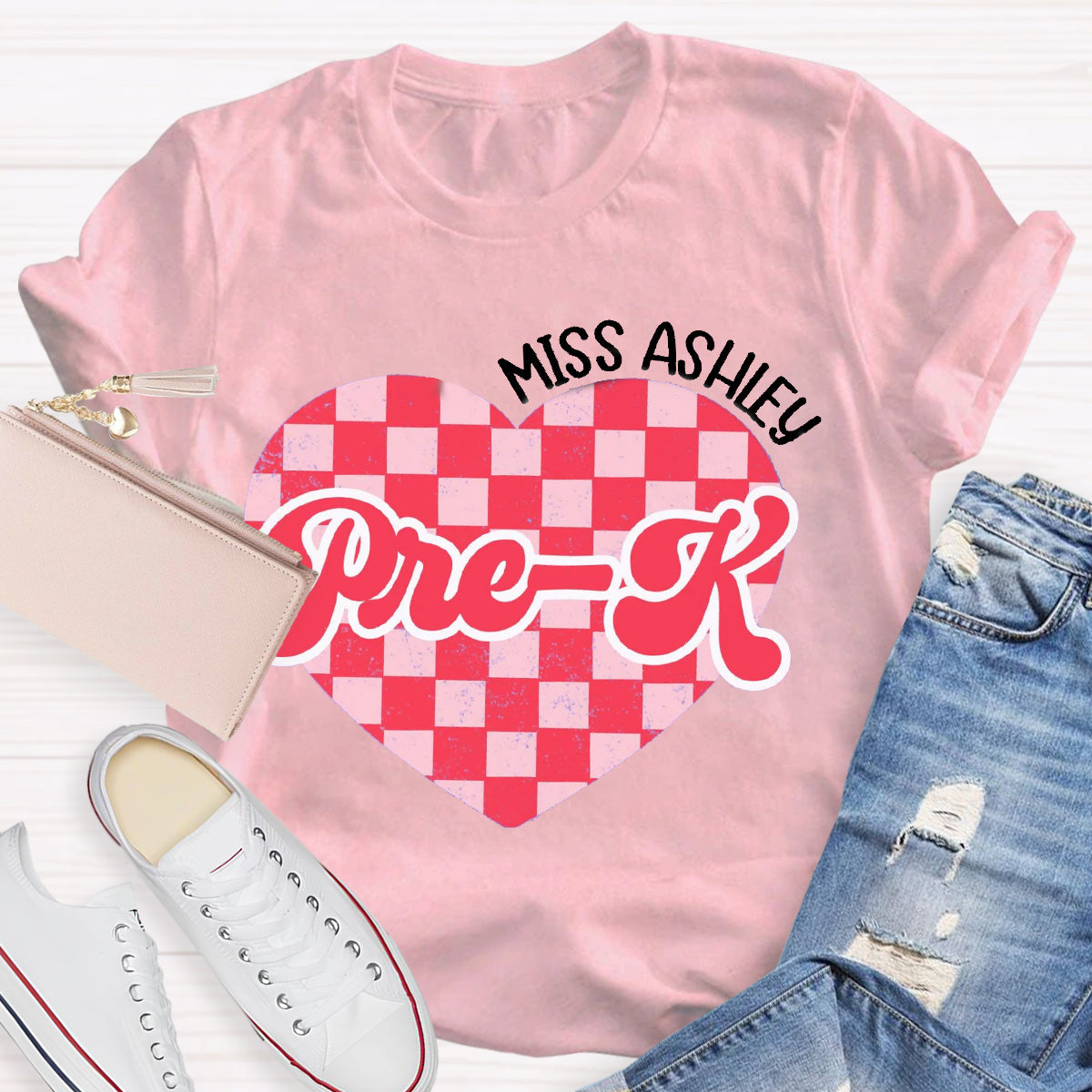 Personalized Name And Grade Pink Heart Teacher T-Shirt