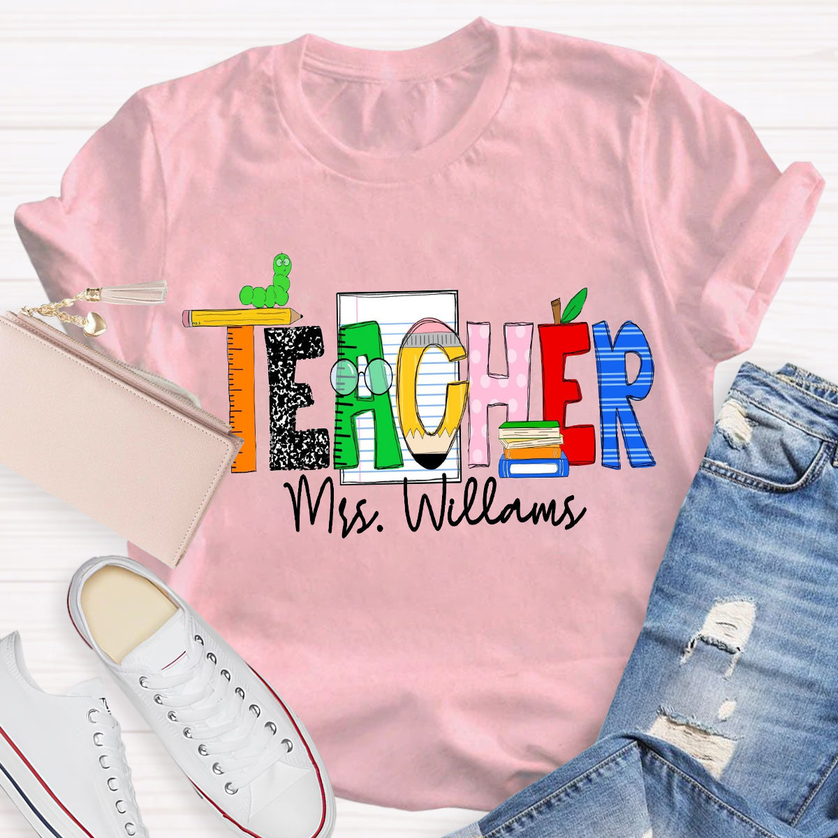 Personalized Teacher Name Caterpillar Exploring Knowledge Teacher T-Shirt