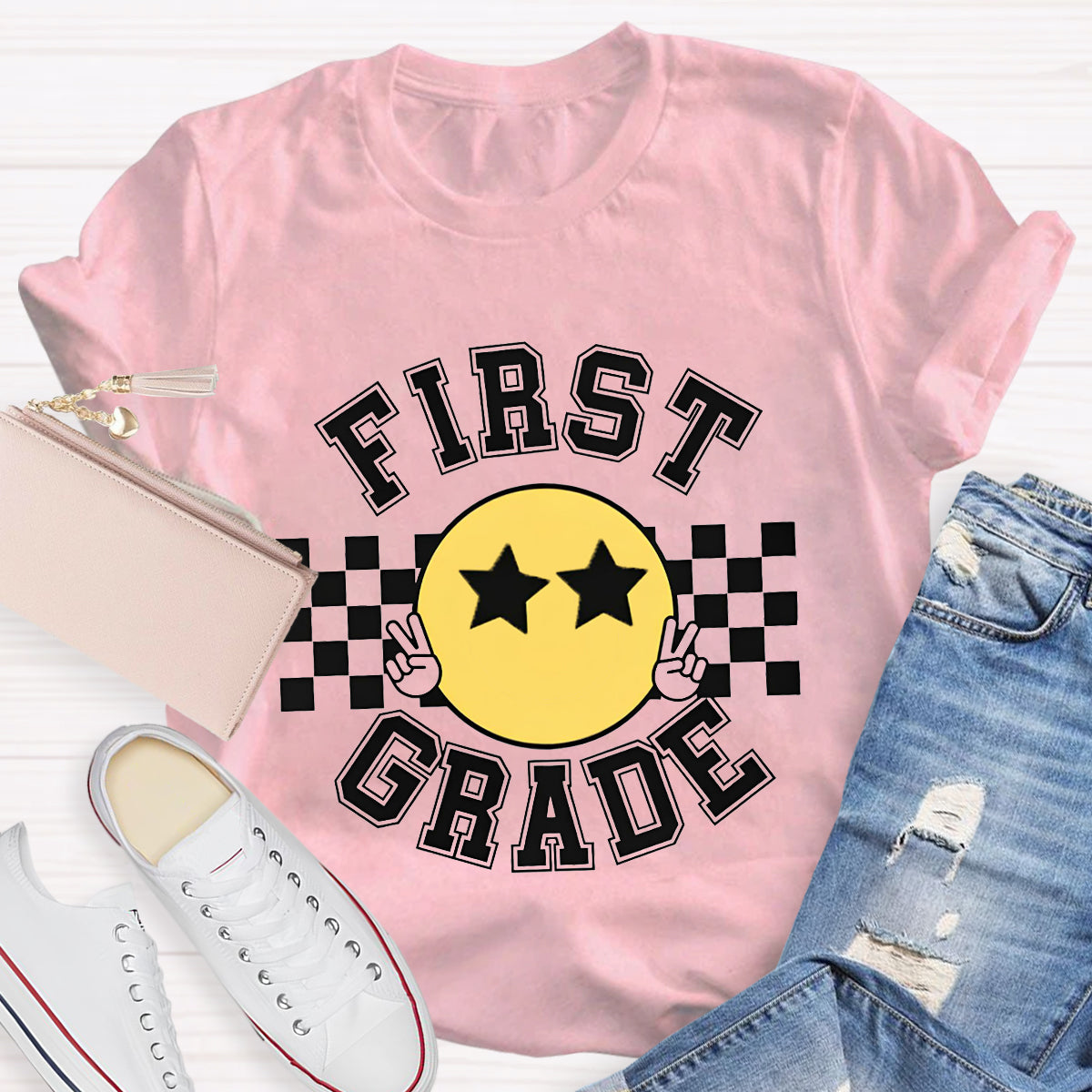 Personalized Grade Chessboard Pattern Teacher T-Shirt