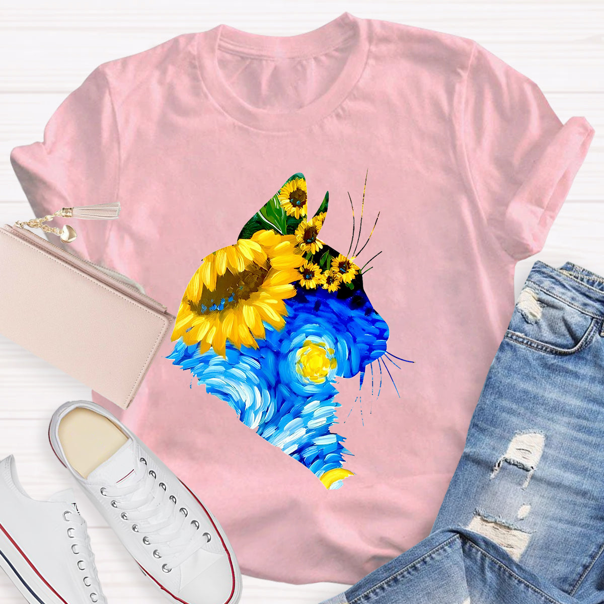 Art Sunflower Cat Teacher T-Shirt