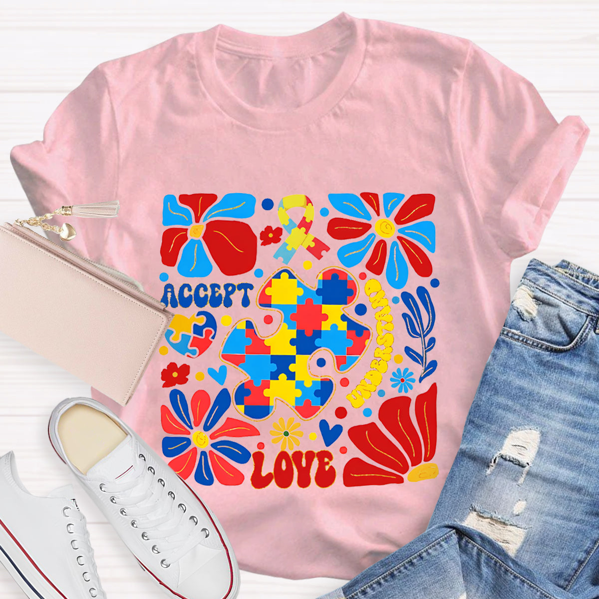 Accept Love Autism Floral T-Shirt