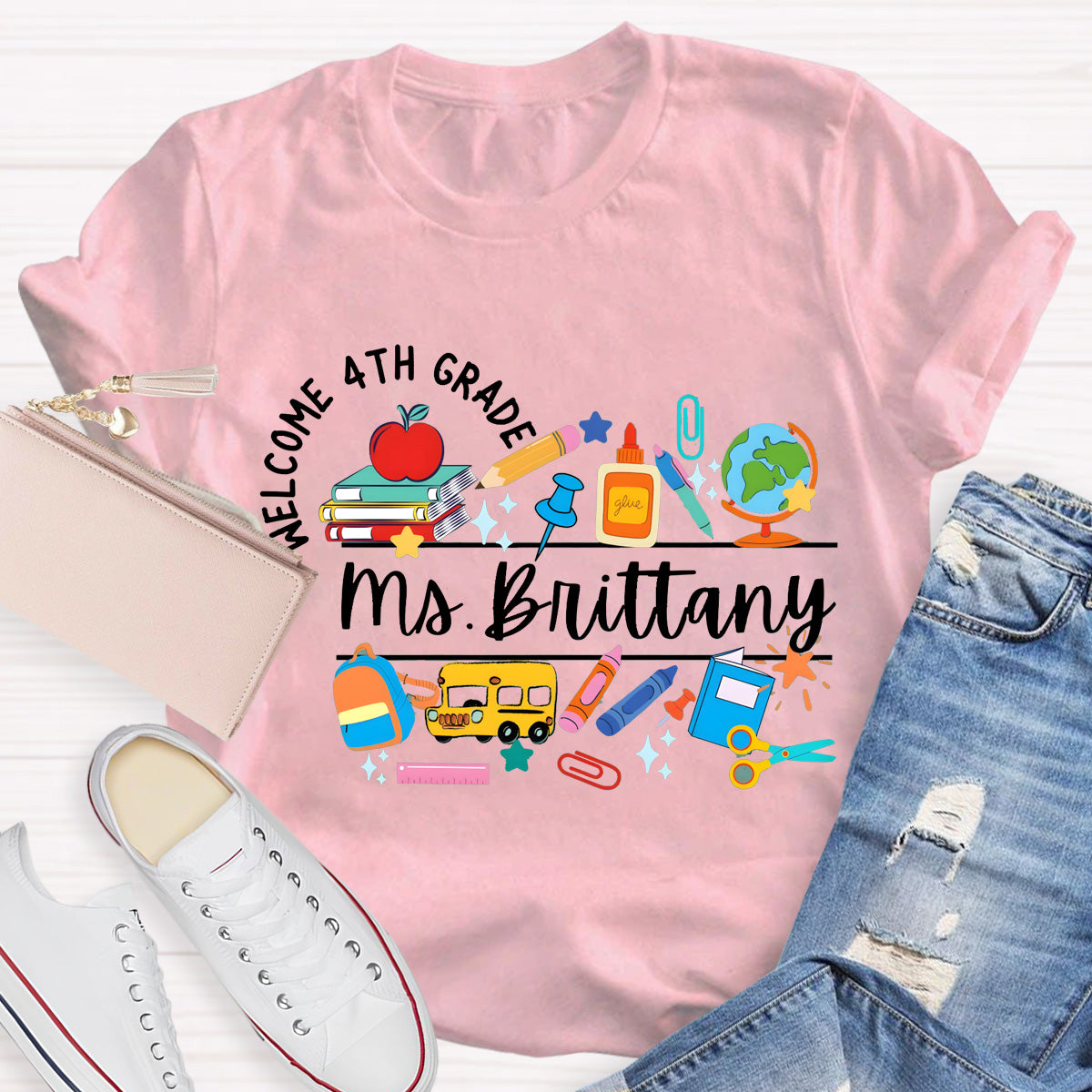 Personalized Grade And Name Welcome 4th Grade Teacher T-Shirt