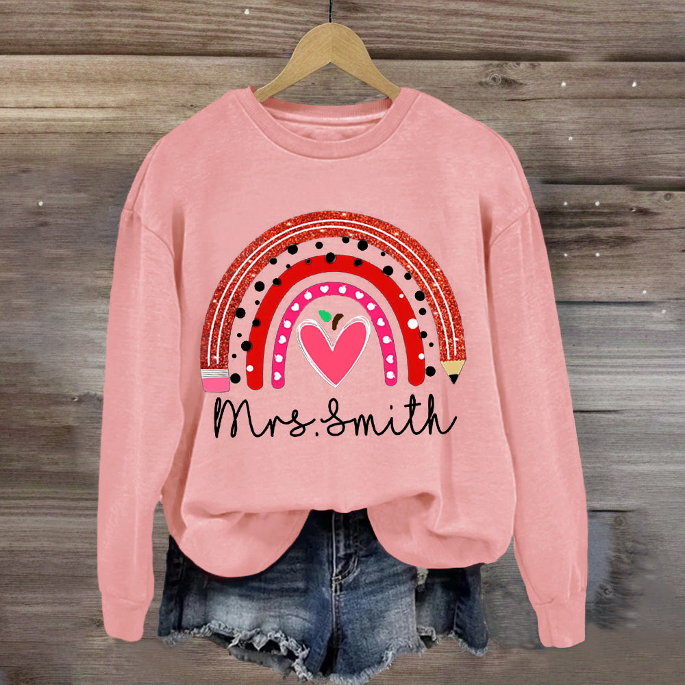 Personalized Name Rainbow Pencil Heart-Shaped Apple Teacher Sweatshirt