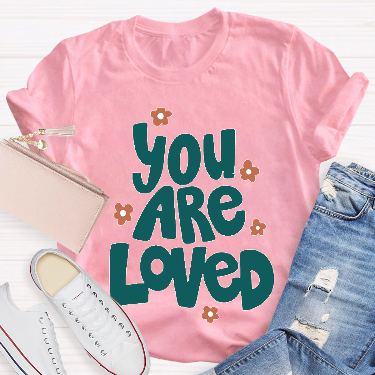 You Are Loved Pink Flower Teacher T-Shirt