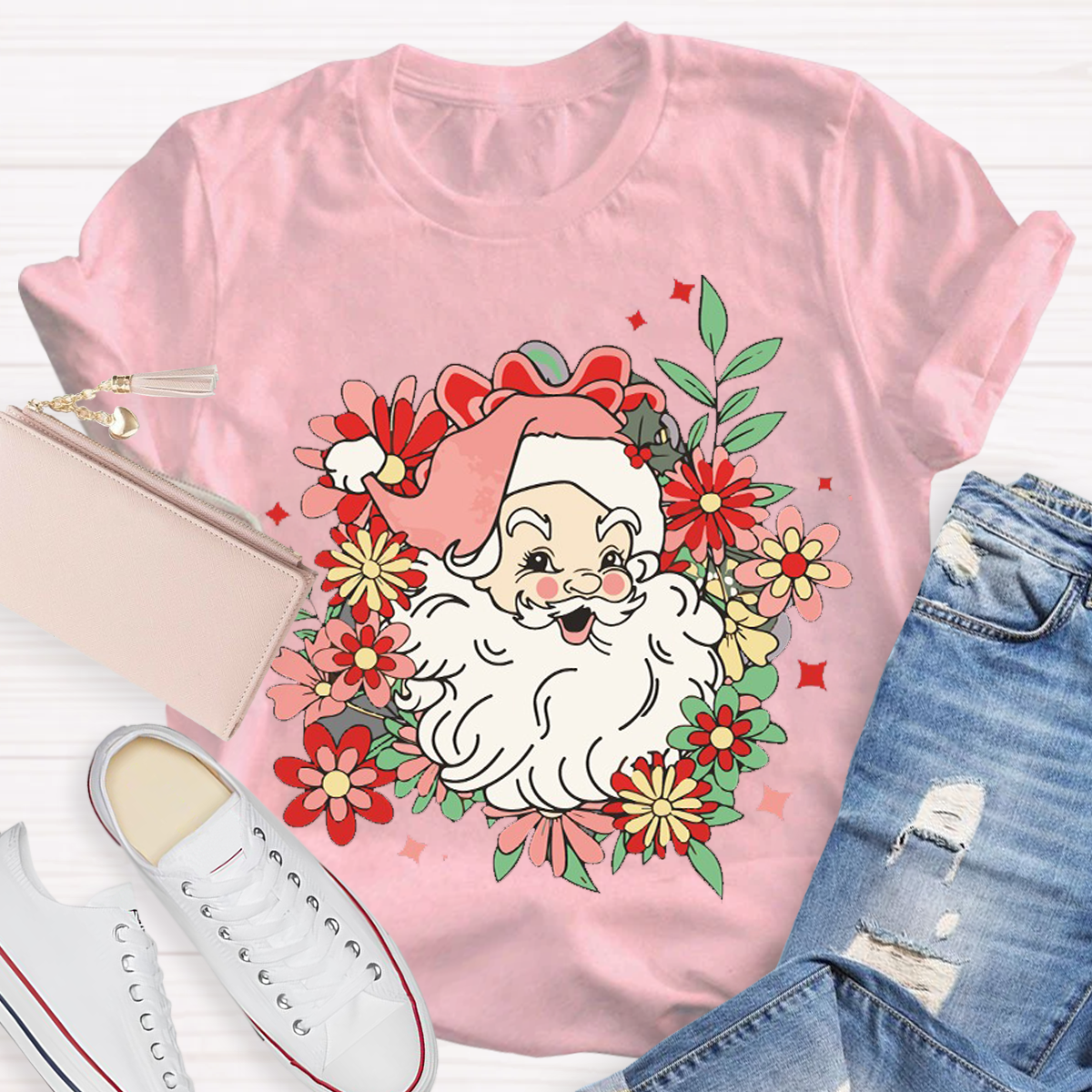 Flower Design Santa Christmas Teacher T-Shirt