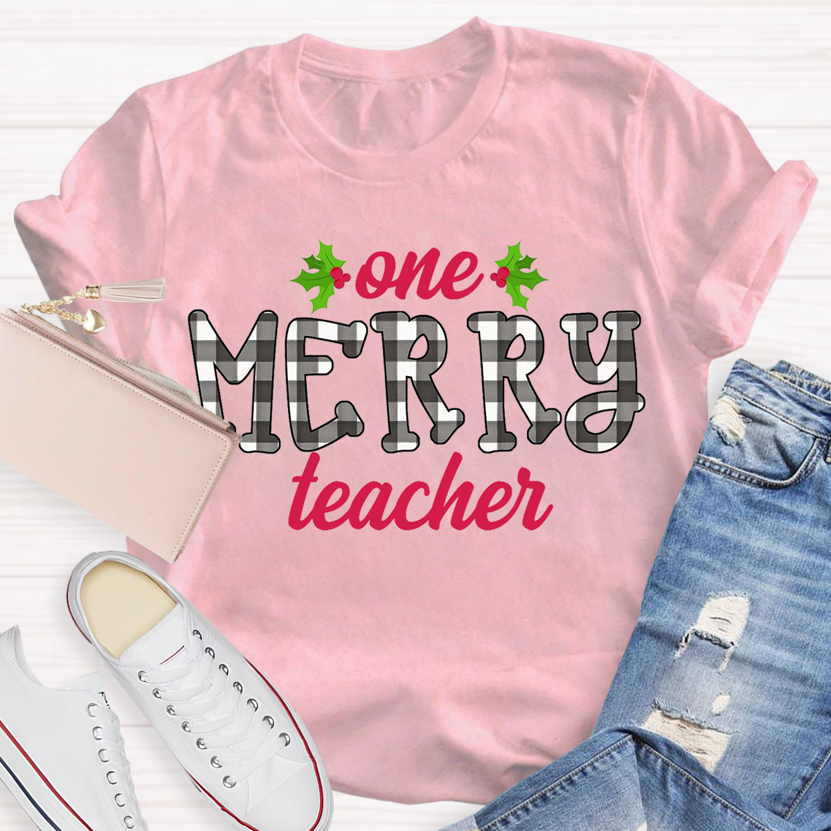 One Merry Teacher Christmas Plaid T-Shirt