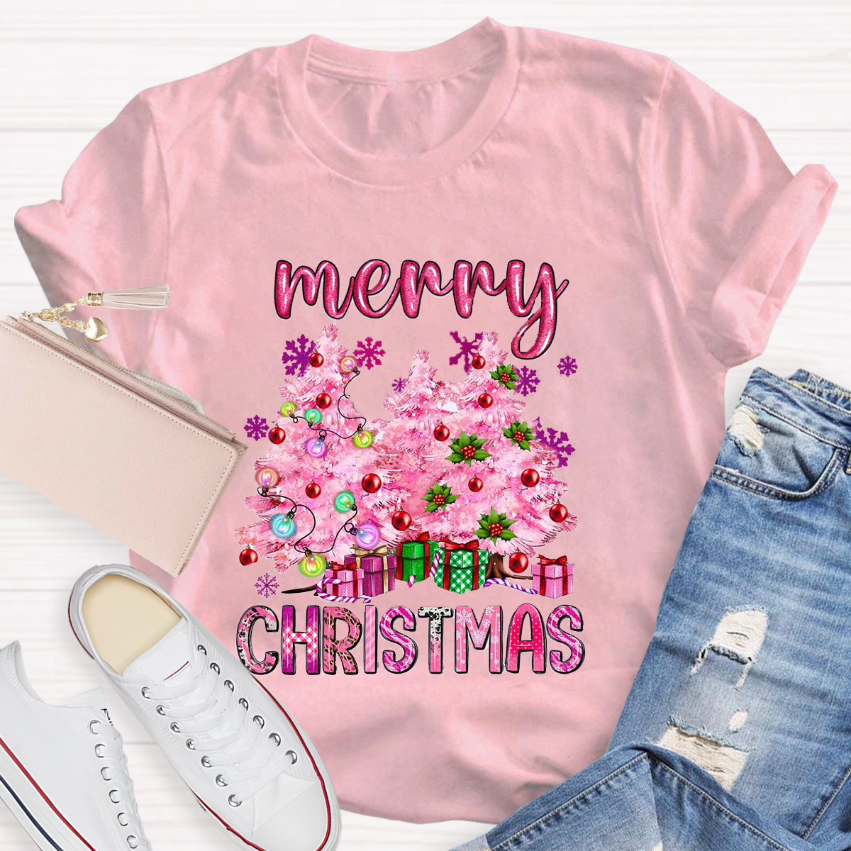 Pink Tree Christmas Teacher T-Shirt