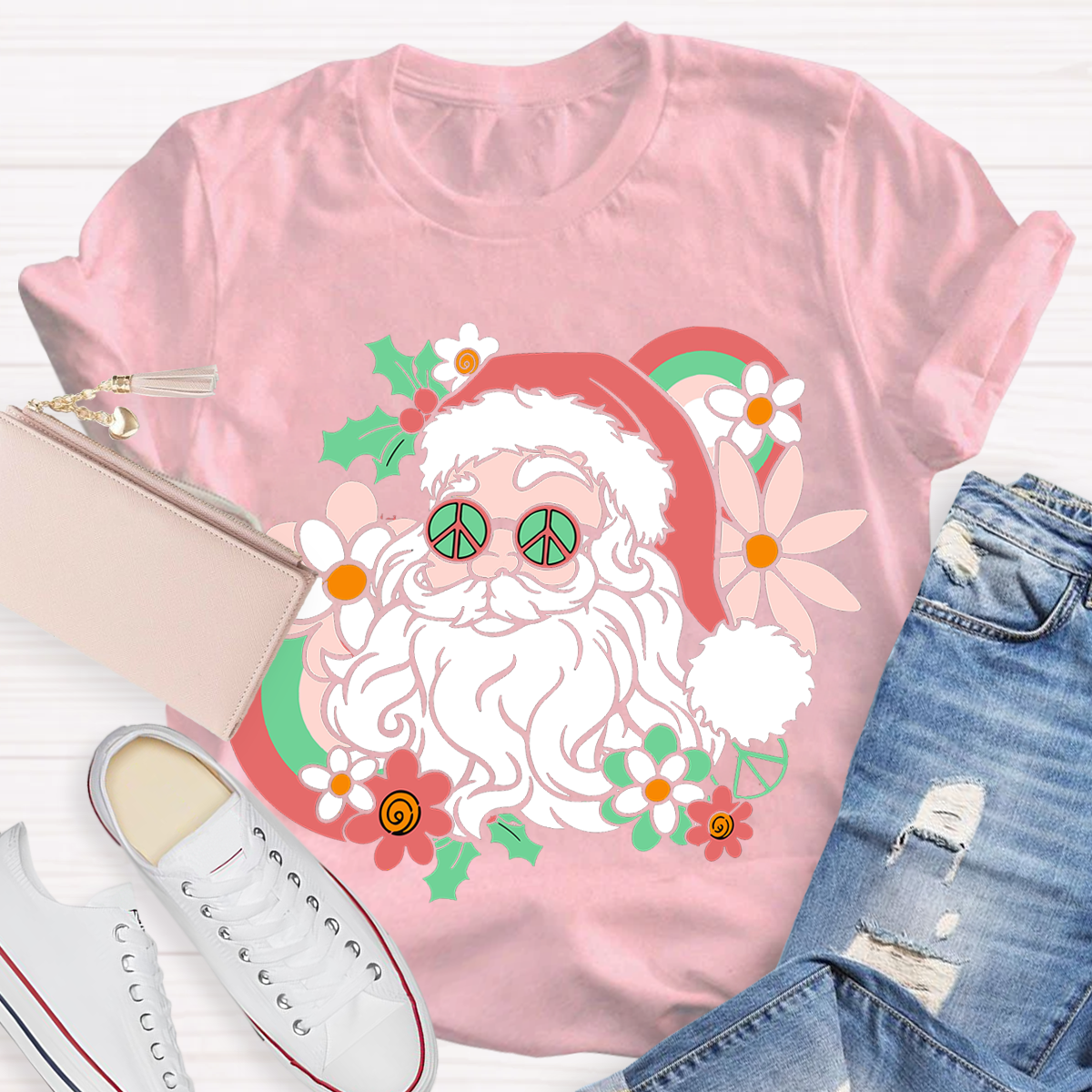 Hippie Santa Groovy Peace Christmas Teacher T-Shirt