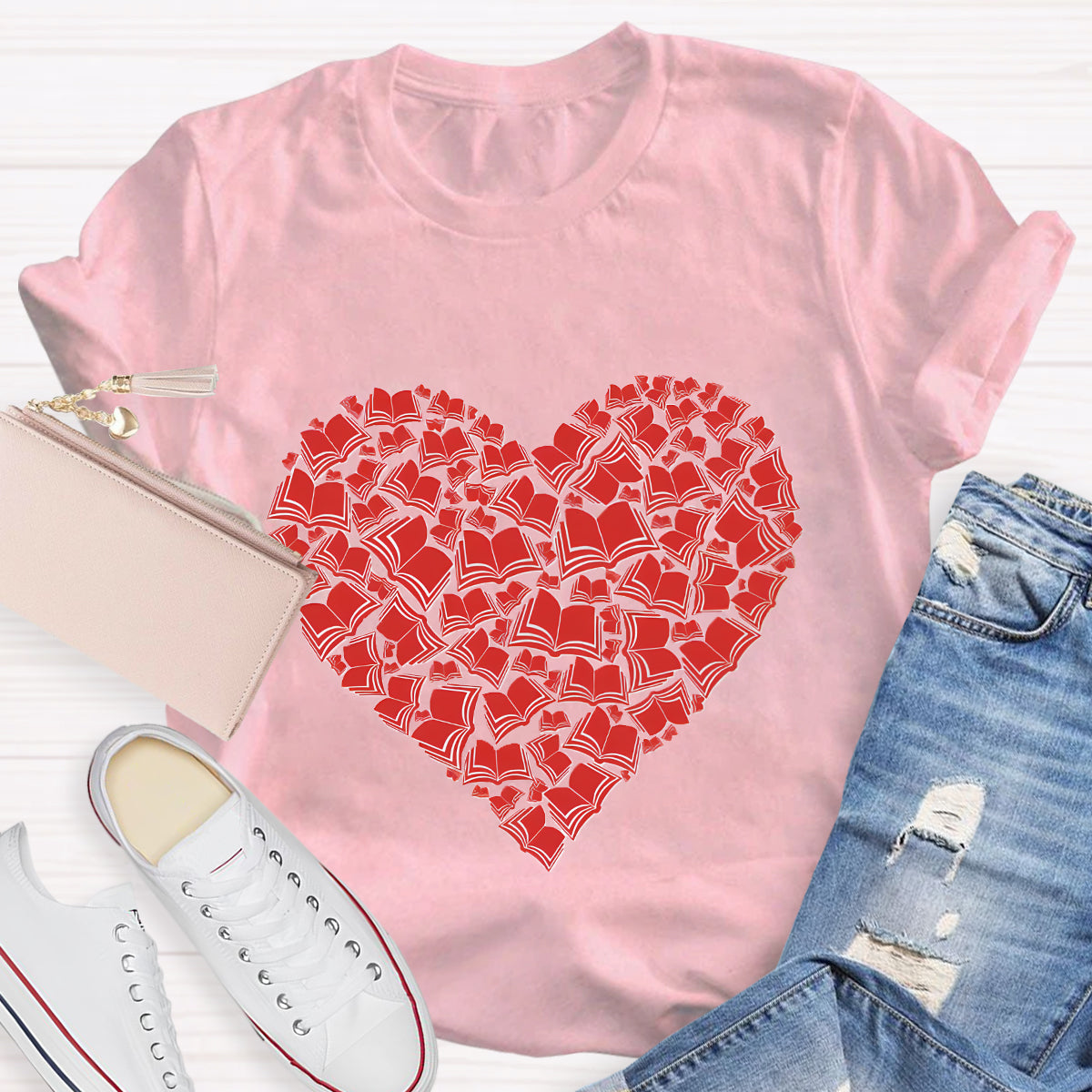 Love Books Valentine Heart Teacher T-Shirt