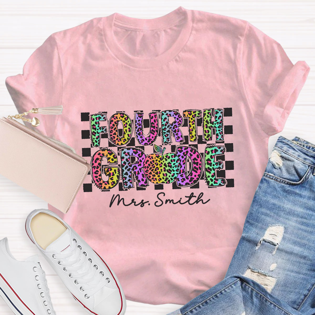Personalized Grade And Name Colorful Leopard Print Teacher T-Shirt