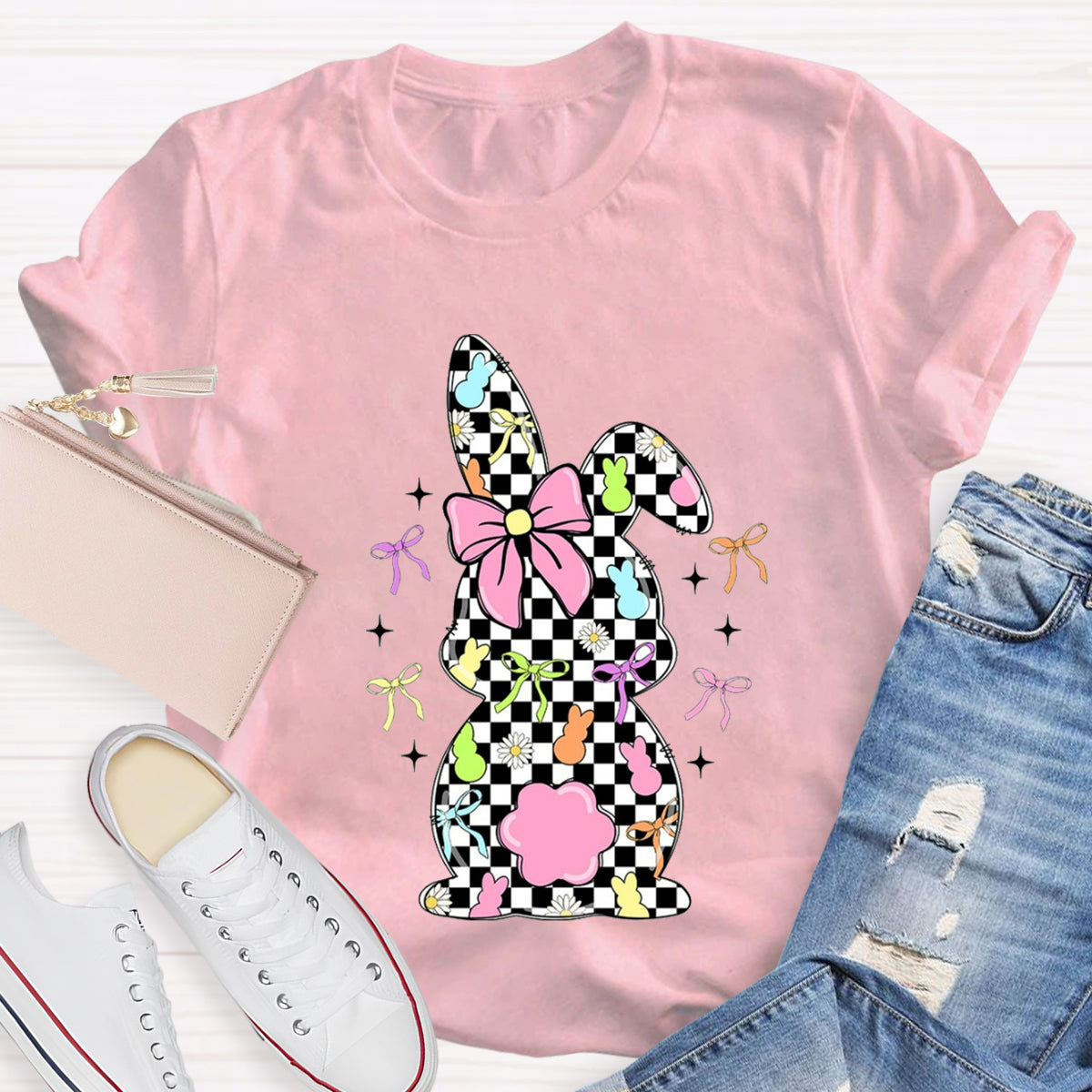 Easter Checkerboard Rabbit Teacher T-Shirt