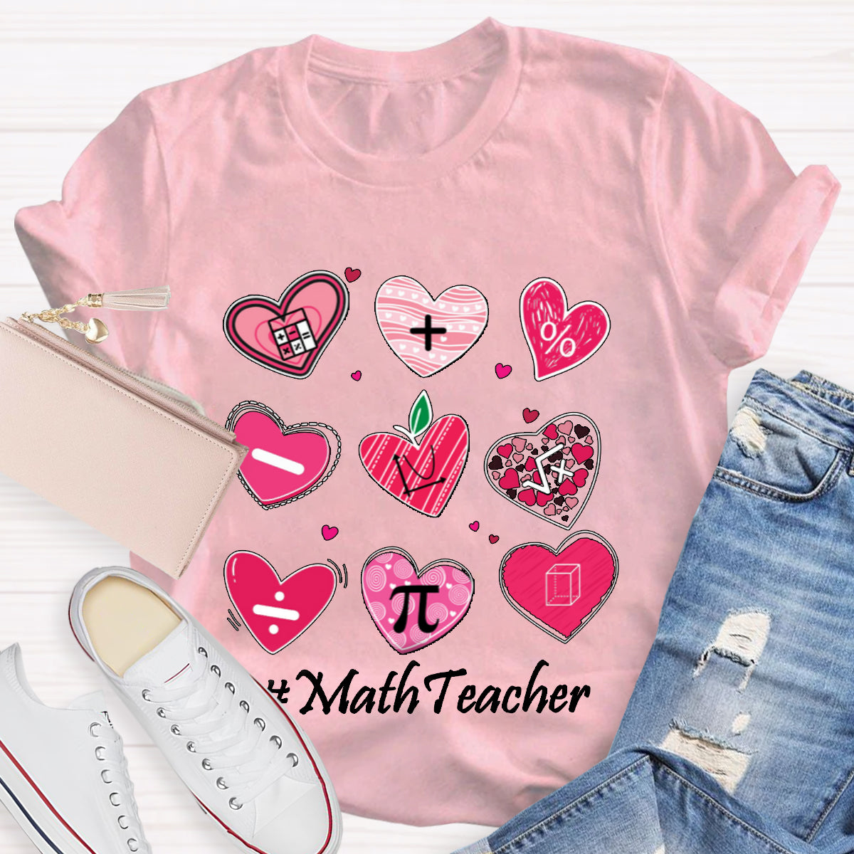 Pink Heart Math Symbols Teacher T-Shirt