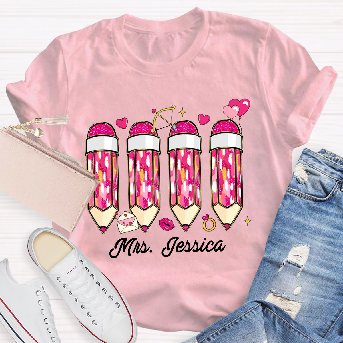 Personalized Name Pink Pencil Teacher T-Shirt