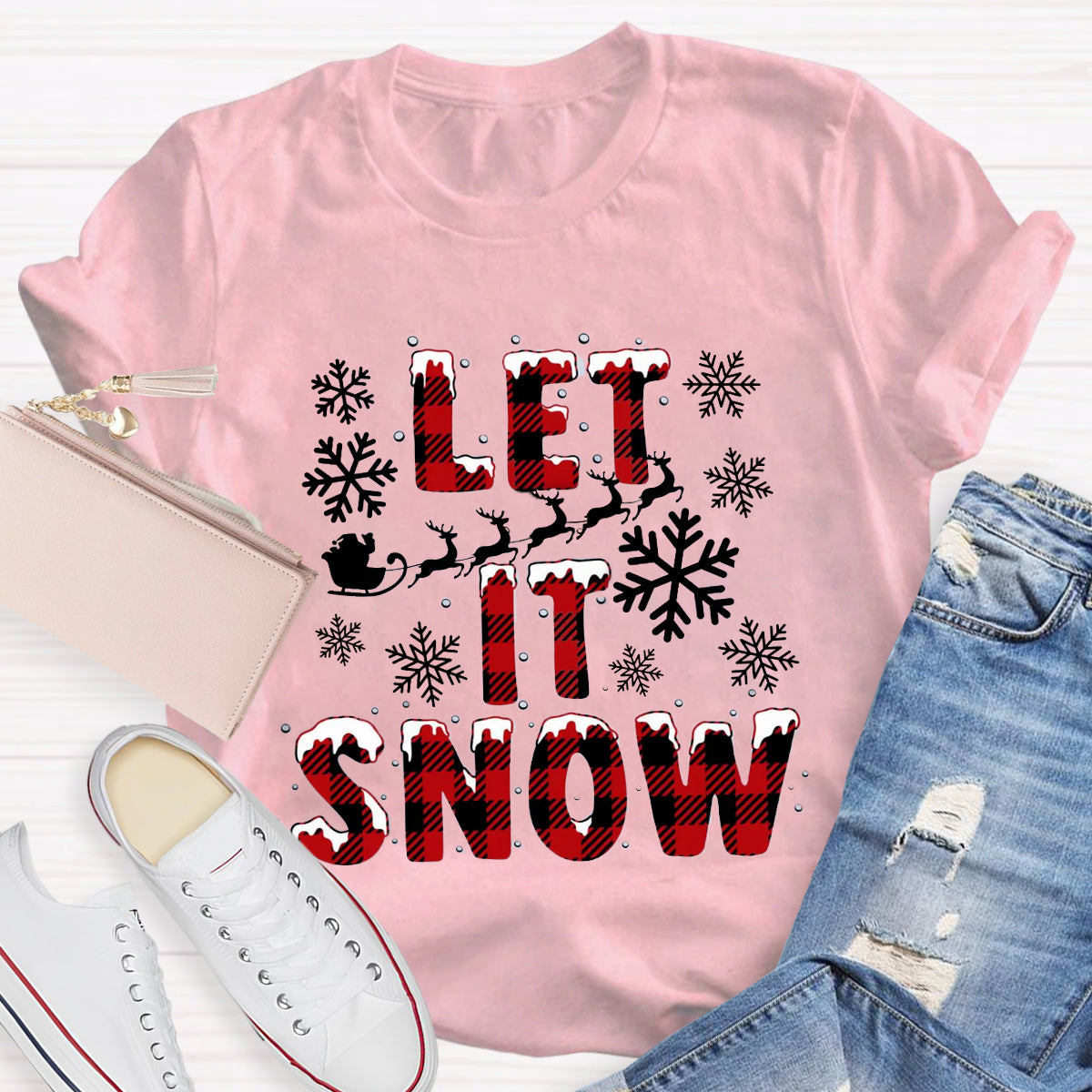 Let It Snow Red Plaid Teacher T-Shirt