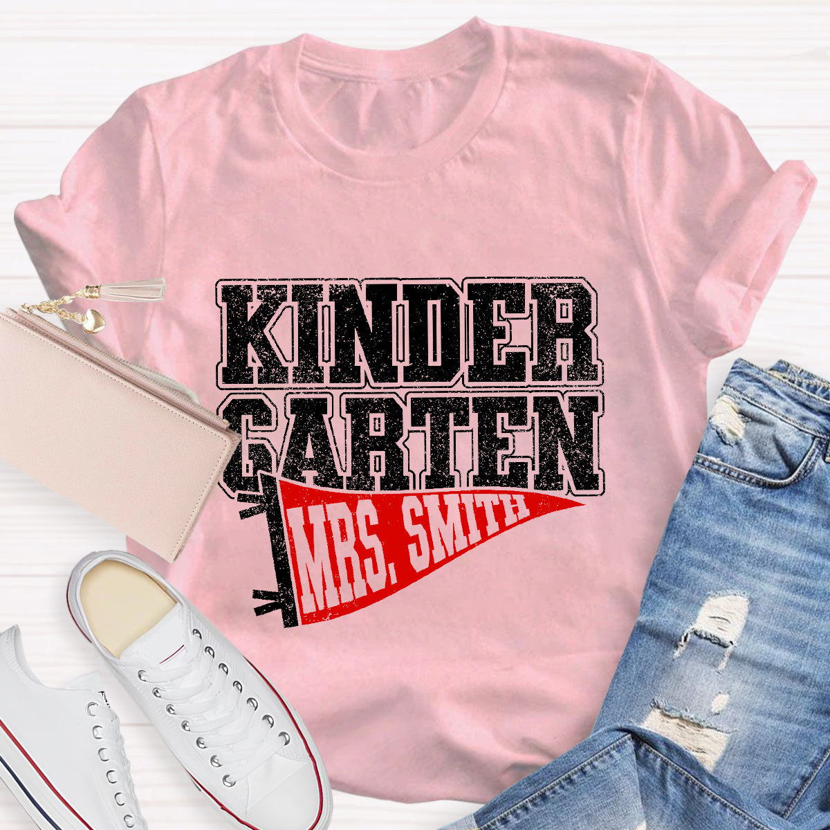 Personalized Grade And Name Flag Shaped Print Teacher T-Shirt