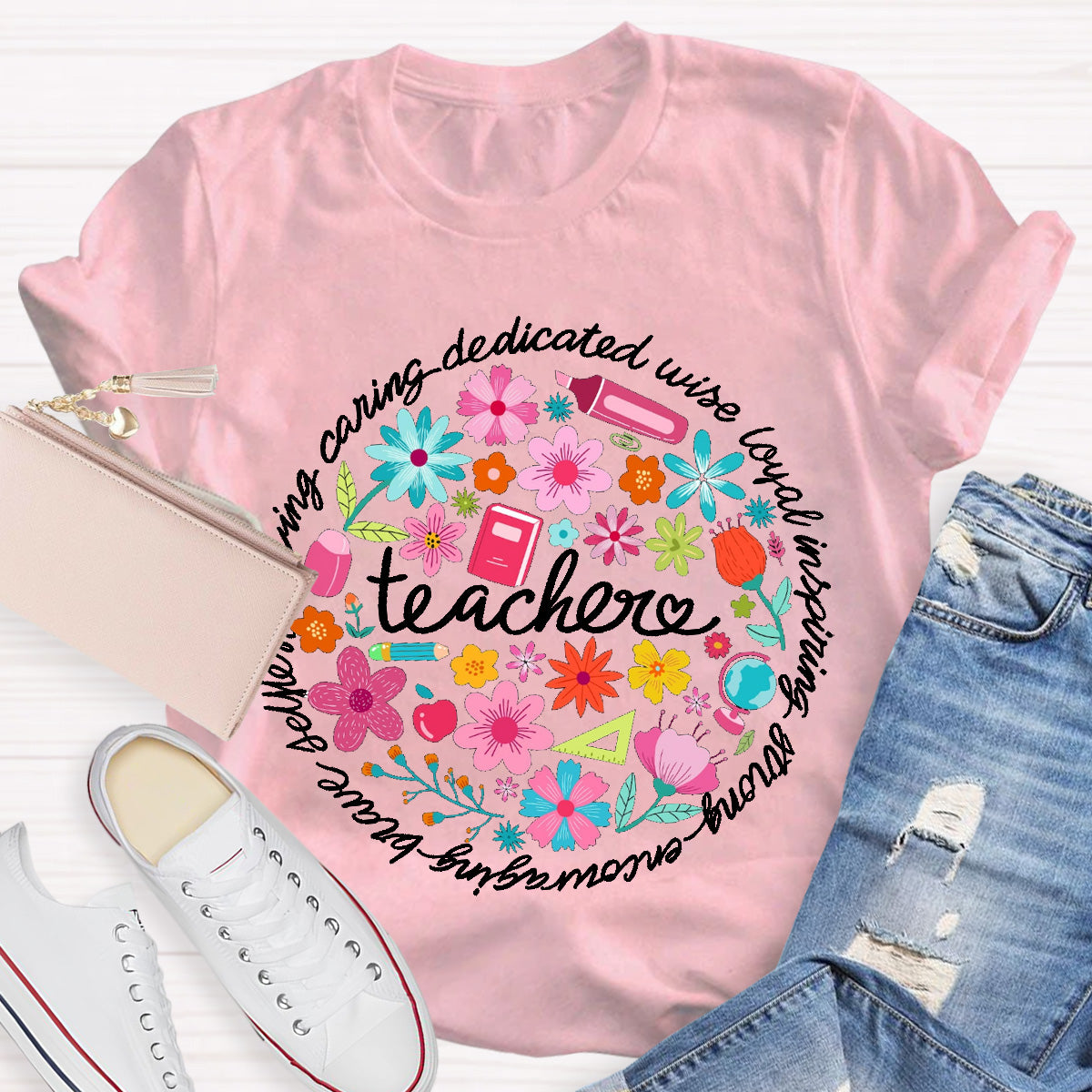 Loving Caring Dedicated Floral Teacher T-Shirt