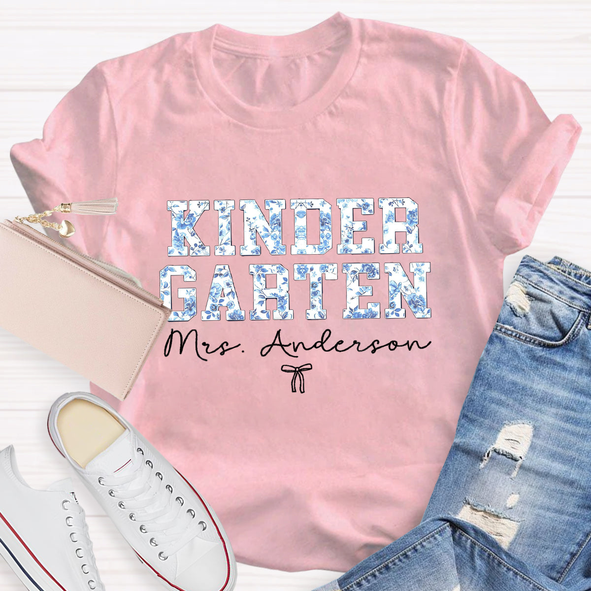 Personalized Kindergarten Teacher Name Blue Flower T-Shirt