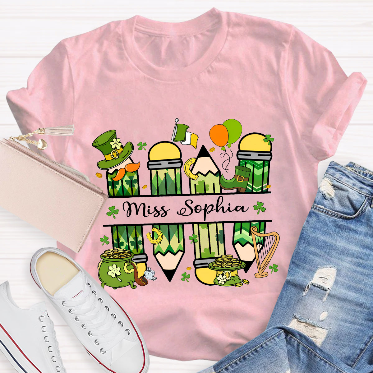 Personalized Name Green Pencil Teacher T-Shirt