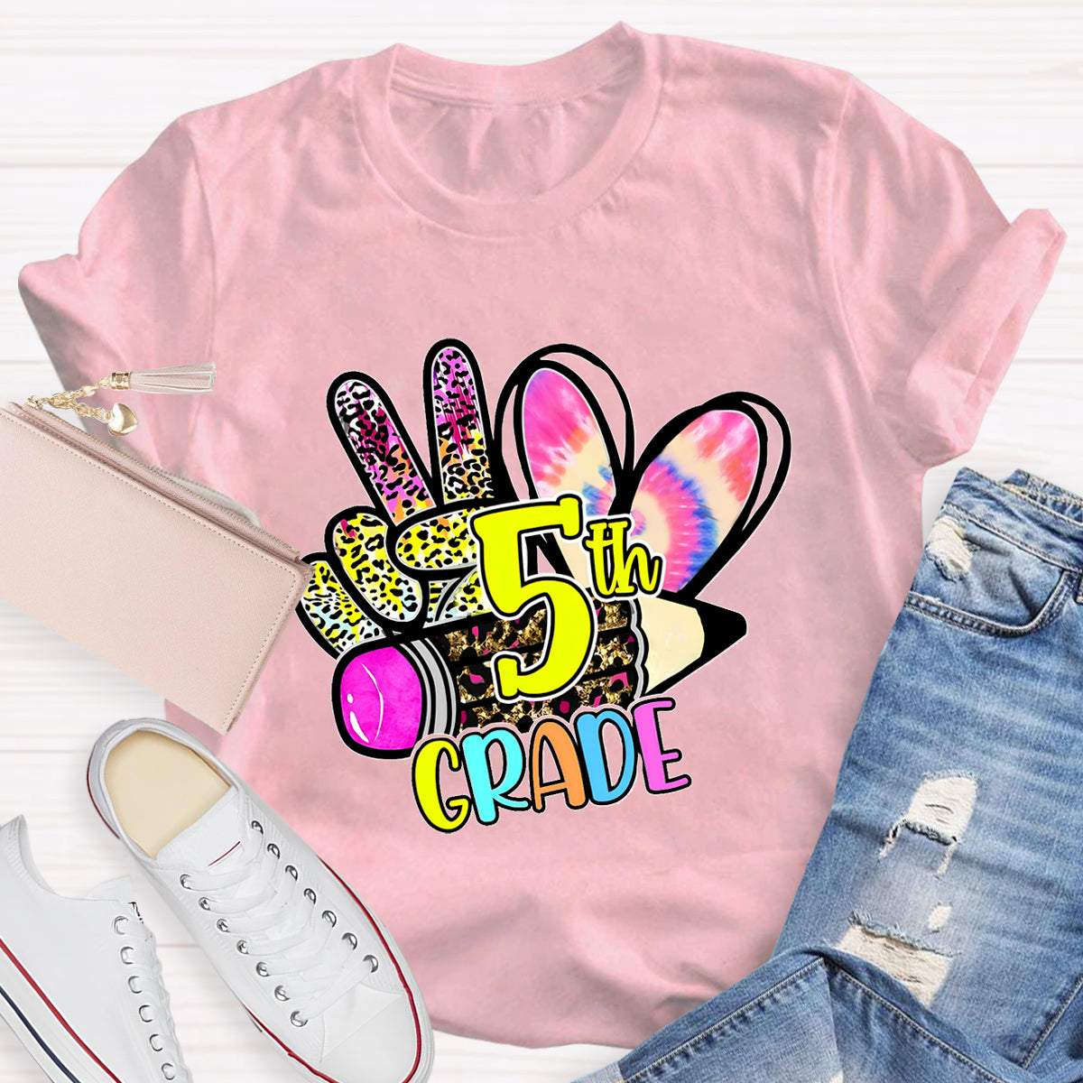 Personalized Grade Colorful  Leopard Heart  5th Grade Teacher T-Shirt