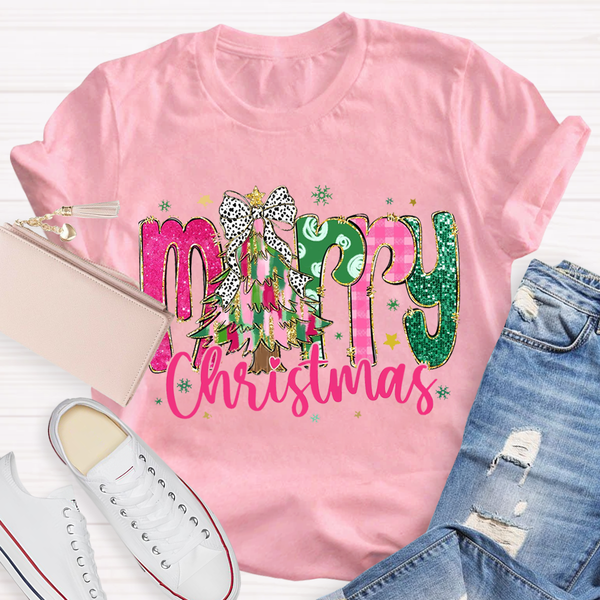 Colorful Glitter Merry Christmas Teacher T-Shirt