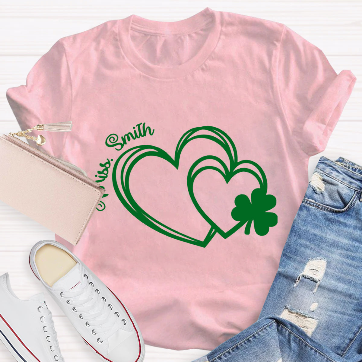 Personalized Name Heart Shamrock Teacher T-Shirt