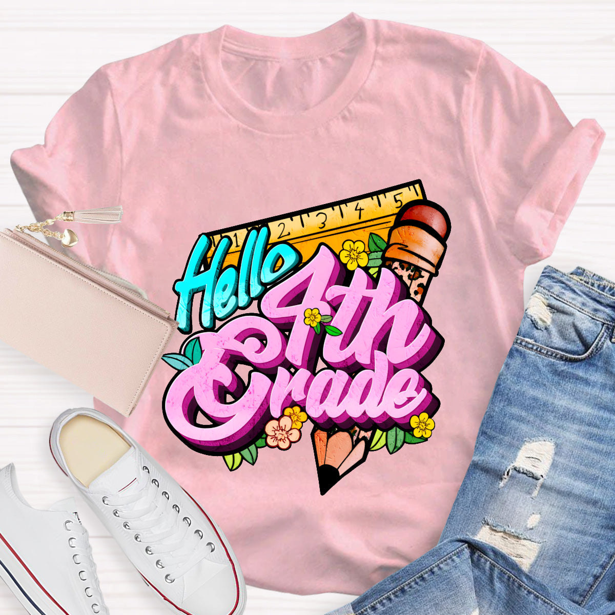 Personalized Grade Hello 4th Grade Back To School Teacher T-Shirt