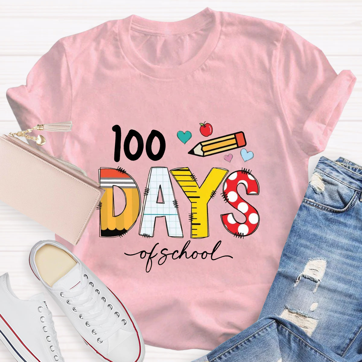 100 Days Of School Pencil Apple Teacher T-Shirt