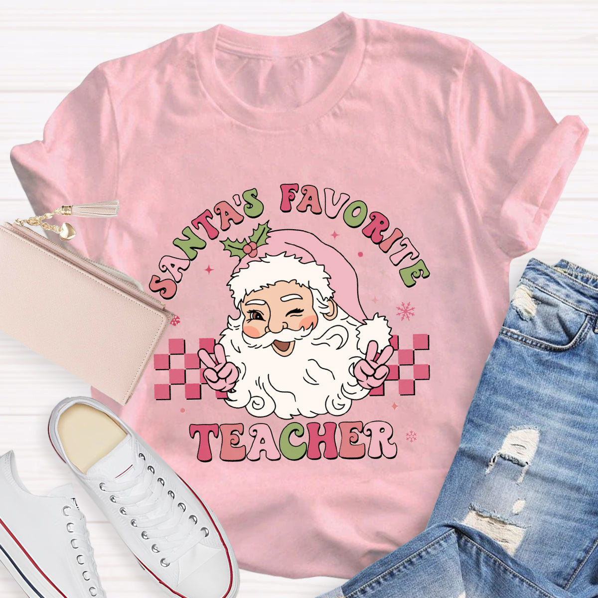 Santa's Favorite Teacher Pink Santa Claus T-Shirt