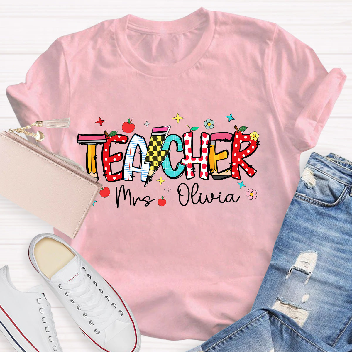 Personalized Name Star And Flower Teacher T-Shirt