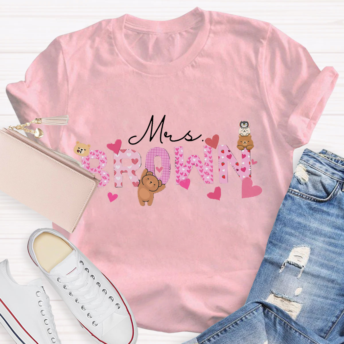 Personalized Name Pink Heart Teacher T-Shirt