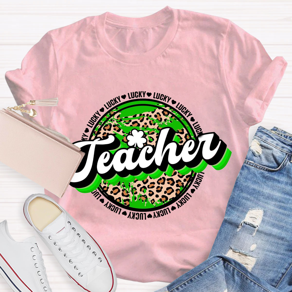 St. Patrick's Day Lucky Leopard Shamrock Teacher T-Shirt