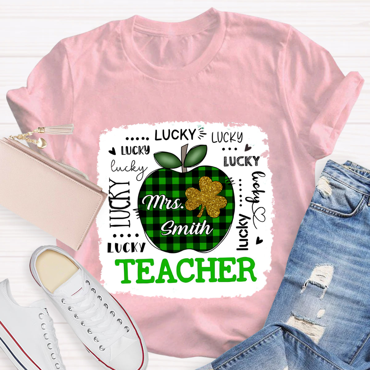 Personalized Name Lucky Teacher Green Apple T-Shirt