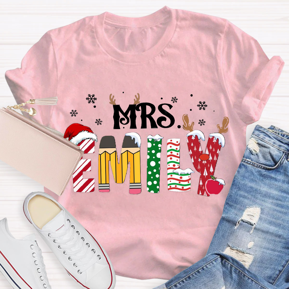 Personalized Name Christmas Teacher Emily T-Shirt