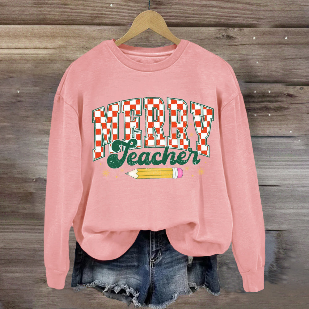 Merry Teacher Plaid Pencil Sweatshirt